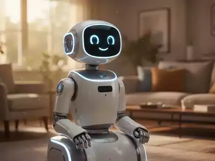Moderner, freundlicher sozialer Roboter für emotionale Begleitung in einem sonnigen Wohnzimmer. - Foto: über boerse-global.de