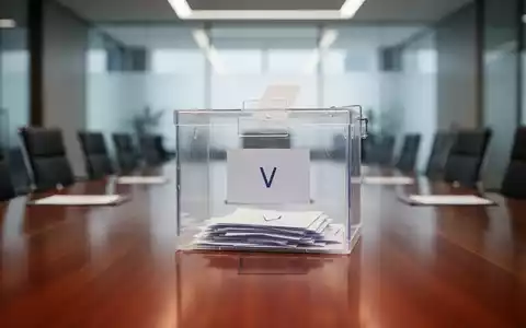 Eine gläserne Wahlurne auf einem modernen Konferenztisch in einer professionellen Büroumgebung. - Foto: über boerse-global.de