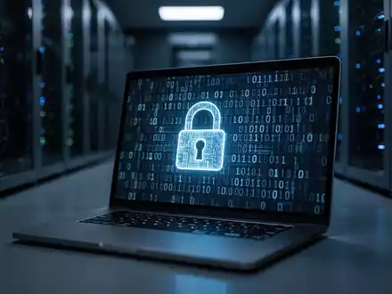 Laptop-Bildschirm mit Binärcode und Vorhängeschloss-Symbol in dunklem Serverraum, symbolisiert Cyberangriff. - Foto: über boerse-global.de