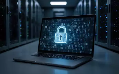 Laptop-Bildschirm mit Binärcode und Vorhängeschloss-Symbol in dunklem Serverraum, symbolisiert Cyberangriff. - Foto: über boerse-global.de