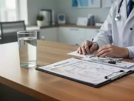Ein Glas Wasser neben einer Patientenakte auf einem Schreibtisch, symbolisch für gesundheitsbewusste Entscheidungen. - Foto: über boerse-global.de