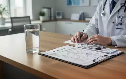 Ein Glas Wasser neben einer Patientenakte auf einem Schreibtisch, symbolisch für gesundheitsbewusste Entscheidungen. - Foto: über boerse-global.de