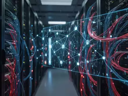 Abstrakte digitale Darstellung von Cyber-Sicherheit mit glühenden Netzwerkknoten und binärem Code in einem Serverraum. - Foto: über boerse-global.de