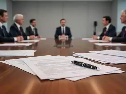 Ein Konferenztisch mit Dokumenten in einem modernen Sitzungssaal, symbolisch für politische Verhandlungen. - Foto: über boerse-global.de