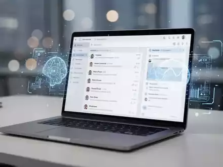 Laptop-Bildschirm mit futuristischem KI-E-Mail-Interface, automatischen Zusammenfassungen und Datenorganisation. - Foto: über boerse-global.de