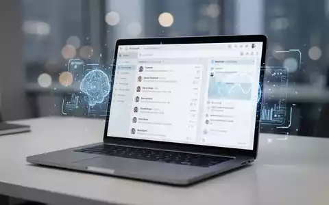 Laptop-Bildschirm mit futuristischem KI-E-Mail-Interface, automatischen Zusammenfassungen und Datenorganisation. - Foto: über boerse-global.de