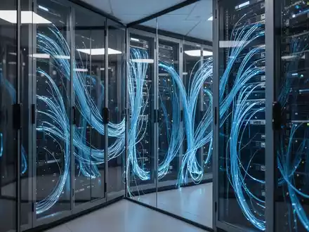 Moderner Serverraum mit blau leuchtenden Kabeln, die KI-Infrastruktur und Bundesaufsicht darstellen. - Foto: über boerse-global.de