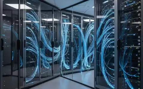 Moderner Serverraum mit blau leuchtenden Kabeln, die KI-Infrastruktur und Bundesaufsicht darstellen. - Foto: über boerse-global.de
