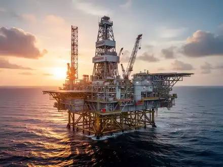Moderne Offshore-Ölplattform bei Sonnenaufgang auf dem offenen Meer. - Foto: über boerse-global.de