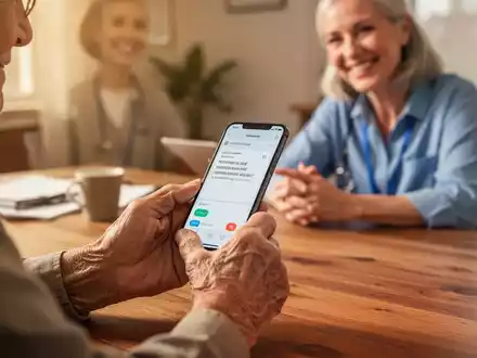 Ein ehrenamtlicher Helfer unterstützt eine ältere Person bei der Bedienung eines Smartphones. - Foto: über boerse-global.de