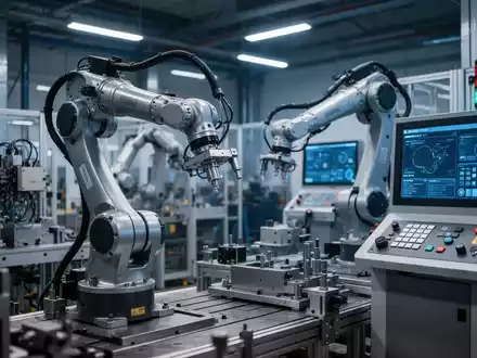 Moderne Industriehalle mit Roboterarmen und digitalen Steuerungselementen für die Maschinenfertigung. - Foto: über boerse-global.de