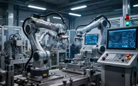 Moderne Industriehalle mit Roboterarmen und digitalen Steuerungselementen für die Maschinenfertigung. - Foto: über boerse-global.de