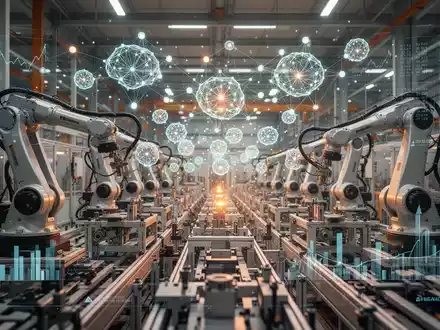 Digitalisierte industrielle Fertigung mit eingeblendeten Datenstrukturen und KI-Symbolik in einer modernen Fabrikhalle. - Foto: über boerse-global.de