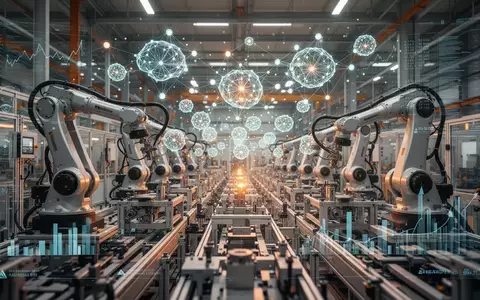 Digitalisierte industrielle Fertigung mit eingeblendeten Datenstrukturen und KI-Symbolik in einer modernen Fabrikhalle. - Foto: über boerse-global.de