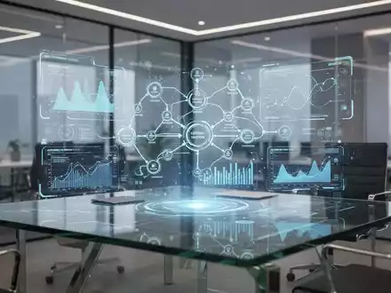 Modernes Bürointerieur mit holografischer Schnittstelle, die automatisierte Geschäftsablaufdaten anzeigt. - Foto: über boerse-global.de