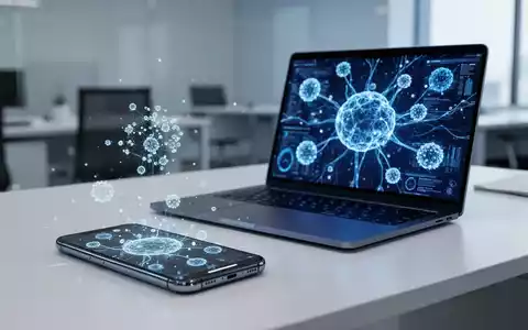 Abstraktes digitales Interface mit KI-Datenstrukturen und leuchtenden Netzwerkknoten auf einem modernen Schreibtisch. - Foto: über boerse-global.de