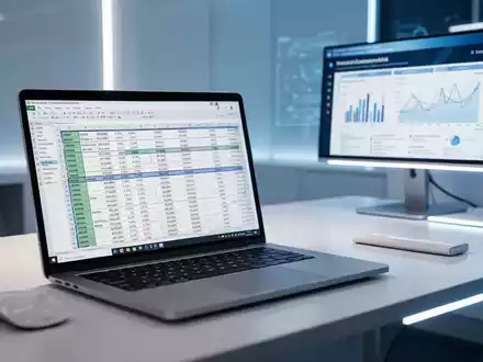 Ein moderner Arbeitsplatz mit einem Laptop, auf dem Daten und Präsentationsfolien in einer professionellen Büroumgebung zu sehen sind. - Foto: über boerse-global.de