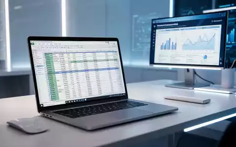 Ein moderner Arbeitsplatz mit einem Laptop, auf dem Daten und Präsentationsfolien in einer professionellen Büroumgebung zu sehen sind. - Foto: über boerse-global.de