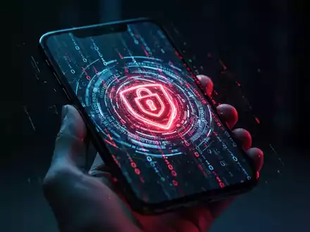 Ein modernes Smartphone mit digitalem Sicherheitshinweis und binärem Code-Muster in einer düsteren Cyber-Umgebung. - Foto: über boerse-global.de