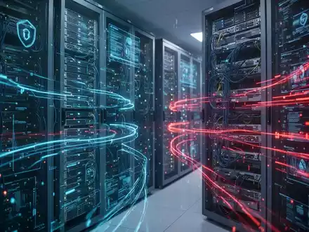Digitale Datenströme in einem modernen Serverraum als Symbol für den Schutz vor KI-gestützten Cyberangriffen. - Foto: über boerse-global.de
