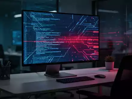 Ein beleuchteter Computerbildschirm mit abstraktem Programmcode und binären Daten in einer modernen Büroumgebung. - Foto: über boerse-global.de