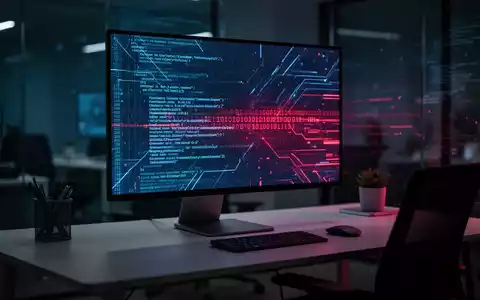 Ein beleuchteter Computerbildschirm mit abstraktem Programmcode und binären Daten in einer modernen Büroumgebung. - Foto: über boerse-global.de