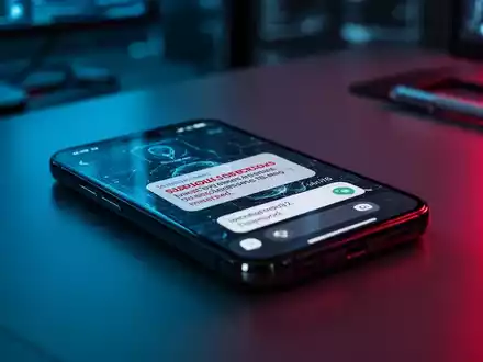 Nahaufnahme eines Smartphone-Bildschirms mit einer verdächtigen SMS-Benachrichtigung in einem dunklen Büro. - Foto: über boerse-global.de