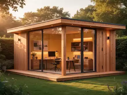 Modernes Gartenbüro aus Holz mit großen Glasfenstern in einem gepflegten Garten bei Tageslicht. - Foto: über boerse-global.de