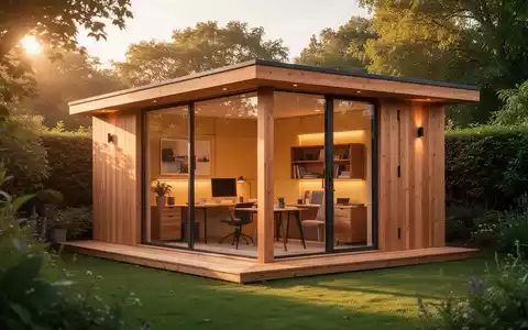 Modernes Gartenbüro aus Holz mit großen Glasfenstern in einem gepflegten Garten bei Tageslicht. - Foto: über boerse-global.de