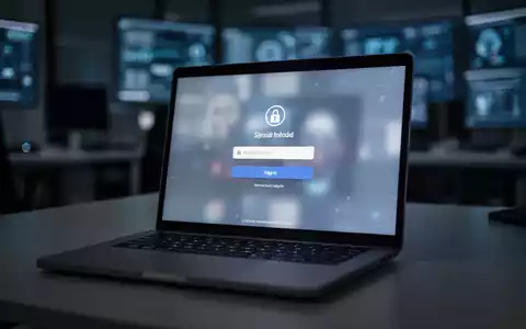 Laptop-Bildschirm mit unscharfer Social-Media-Anmeldeseite in dunklem Büro, symbolisiert digitale Sicherheitsbedrohungen. - Foto: über boerse-global.de