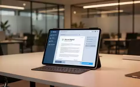 Modernes Büro mit einem Tablet, das eine sichere digitale Dokumentenverwaltung und elektronische Signatur zeigt. - Foto: über boerse-global.de