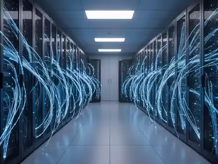 Moderne Serverlandschaft mit leuchtenden Glasfaserkabeln als Symbol für KI-Infrastruktur und digitale Sicherheit. - Foto: über boerse-global.de