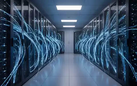 Moderne Serverlandschaft mit leuchtenden Glasfaserkabeln als Symbol für KI-Infrastruktur und digitale Sicherheit. - Foto: über boerse-global.de
