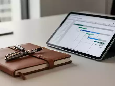 Ein minimalistischer Schreibtisch mit einem Notizbuch, einem Füllfederhalter und einem Tablet, das eine Projektplanung anzeigt. - Foto: über boerse-global.de