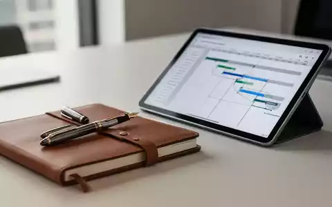 Ein minimalistischer Schreibtisch mit einem Notizbuch, einem Füllfederhalter und einem Tablet, das eine Projektplanung anzeigt. - Foto: über boerse-global.de