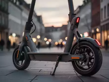 Ein moderner E-Scooter auf einem städtischen Gehweg vor einer unscharfen Kulisse, symbolisch für neue Haftungsregeln. - Foto: über boerse-global.de