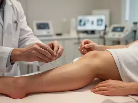 Ein Arzt führt eine Akupunkturbehandlung am Unterschenkel eines Patienten in einem modernen medizinischen Umfeld durch. - Foto: über boerse-global.de