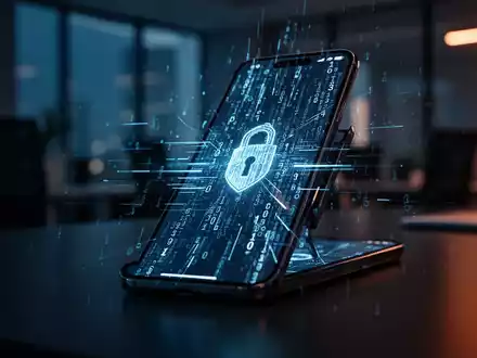 Ein Smartphone zeigt abstrakte digitale Sicherheitscodes und Datenströme in einer professionellen Büroumgebung. - Foto: über boerse-global.de