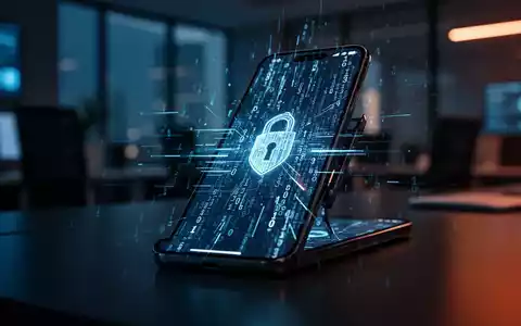 Ein Smartphone zeigt abstrakte digitale Sicherheitscodes und Datenströme in einer professionellen Büroumgebung. - Foto: über boerse-global.de