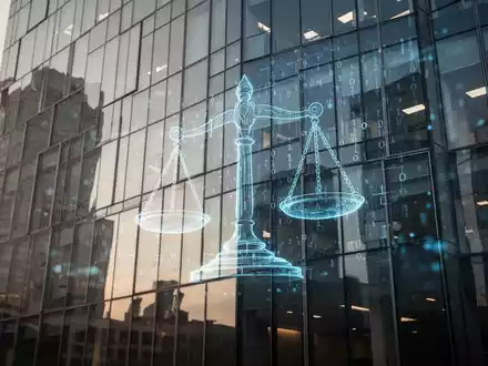 Abstrakte Darstellung von Rechtswaagen und digitalem Code vor einer modernen Bürofassade als Symbol für Internetrecht. - Foto: über boerse-global.de