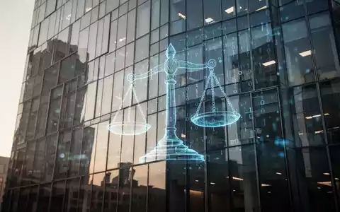Abstrakte Darstellung von Rechtswaagen und digitalem Code vor einer modernen Bürofassade als Symbol für Internetrecht. - Foto: über boerse-global.de