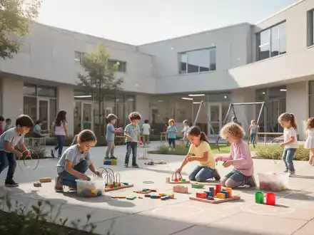 Kinder beim Spielen auf einem modernen Schulhof als Symbol für strukturierte Ferienbetreuung. - Foto: über boerse-global.de
