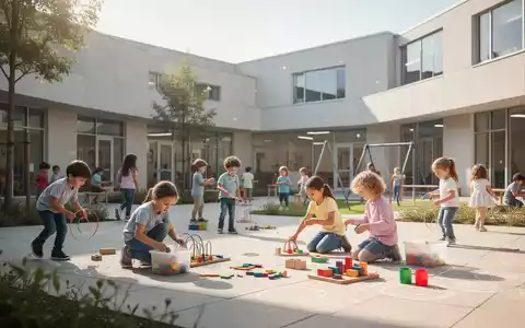 Kinder beim Spielen auf einem modernen Schulhof als Symbol für strukturierte Ferienbetreuung. - Foto: über boerse-global.de