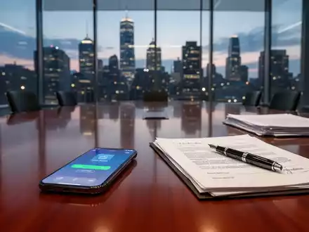 Smartphone mit Zahlungs-App auf Konferenztisch neben Rechtsdokumenten, symbolisiert Finanz-Compliance. - Foto: über boerse-global.de