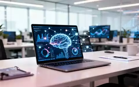 Moderner Arbeitsplatz mit Laptop, der Datenvisualisierungen und KI-Knotenpunkte anzeigt, symbolisch für KI-Integration. - Foto: über boerse-global.de