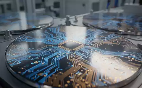 Nahaufnahme von Halbleiter-Wafern mit komplexen Schaltkreis-Strukturen in einer High-Tech-Produktionsumgebung. - Foto: über boerse-global.de