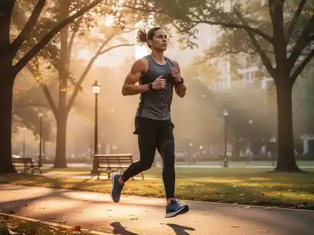 Eine Person joggt in einem sonnendurchfluteten Park während der frühen Morgenstunden bei goldenem Licht. - Foto: über boerse-global.de
