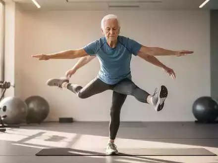 Eine ältere Person in Sportkleidung führt konzentriert eine Balanceübung in einem hellen, modernen Raum aus. - Foto: über boerse-global.de