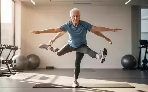 Eine ältere Person in Sportkleidung führt konzentriert eine Balanceübung in einem hellen, modernen Raum aus. - Foto: über boerse-global.de