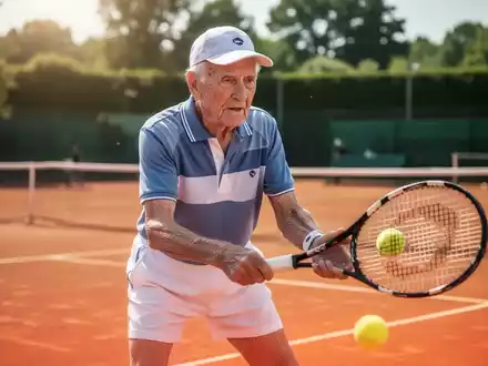 Ein sportlich aktiver Senior spielt konzentriert Tennis auf einem Sandplatz bei hellem Tageslicht. - Foto: über boerse-global.de